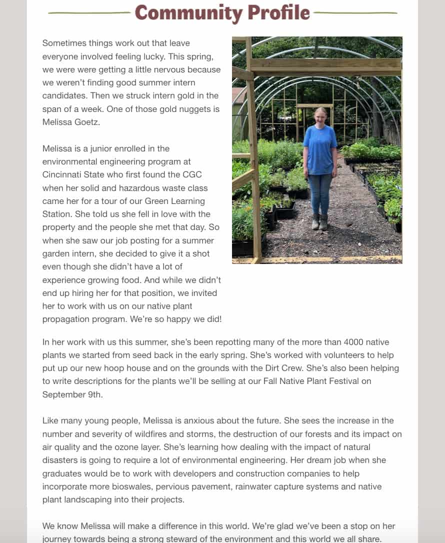 Article about Melissa Goetz from the Civic Garden Center newsletter