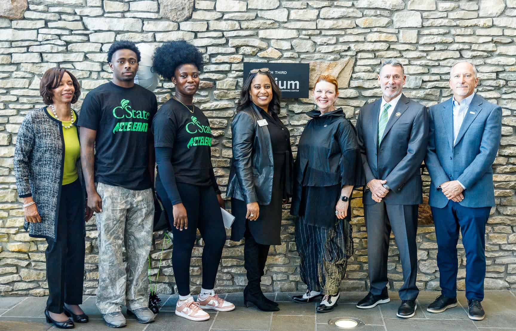 Speakers at the Fifth Third Atrium dedication: President Monica Posey, Landon Fairbanks (student), Elisa Amissah (graduate), Tammie Larkins (Director, CState Accelerate), Heidi Jark (Senior VP, Fifth Third Foundation), John Silverman (Chair, Cincinnati State Board of Trustees), Mike Haunert (Chair, Cincinnati State Foundation) - 10-22-24